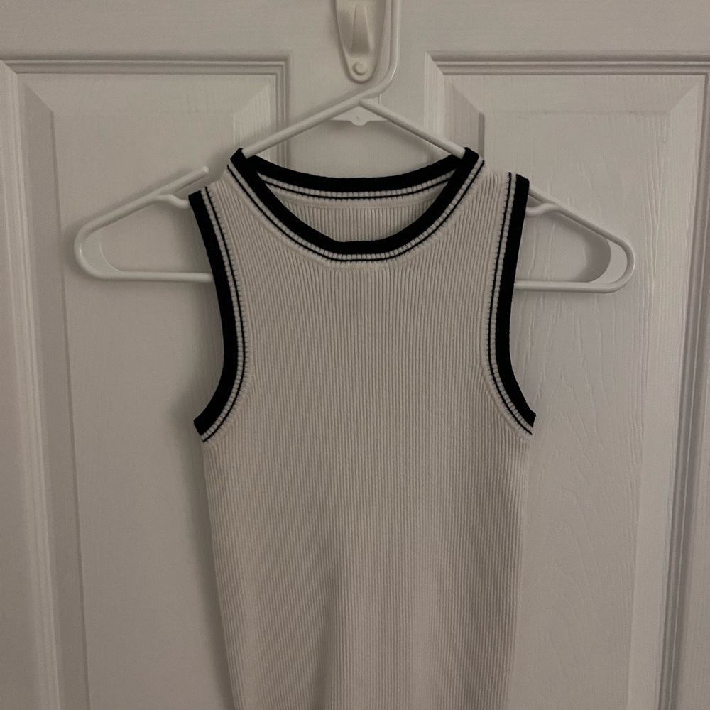 White Ribbed Tank Top with Black Trim